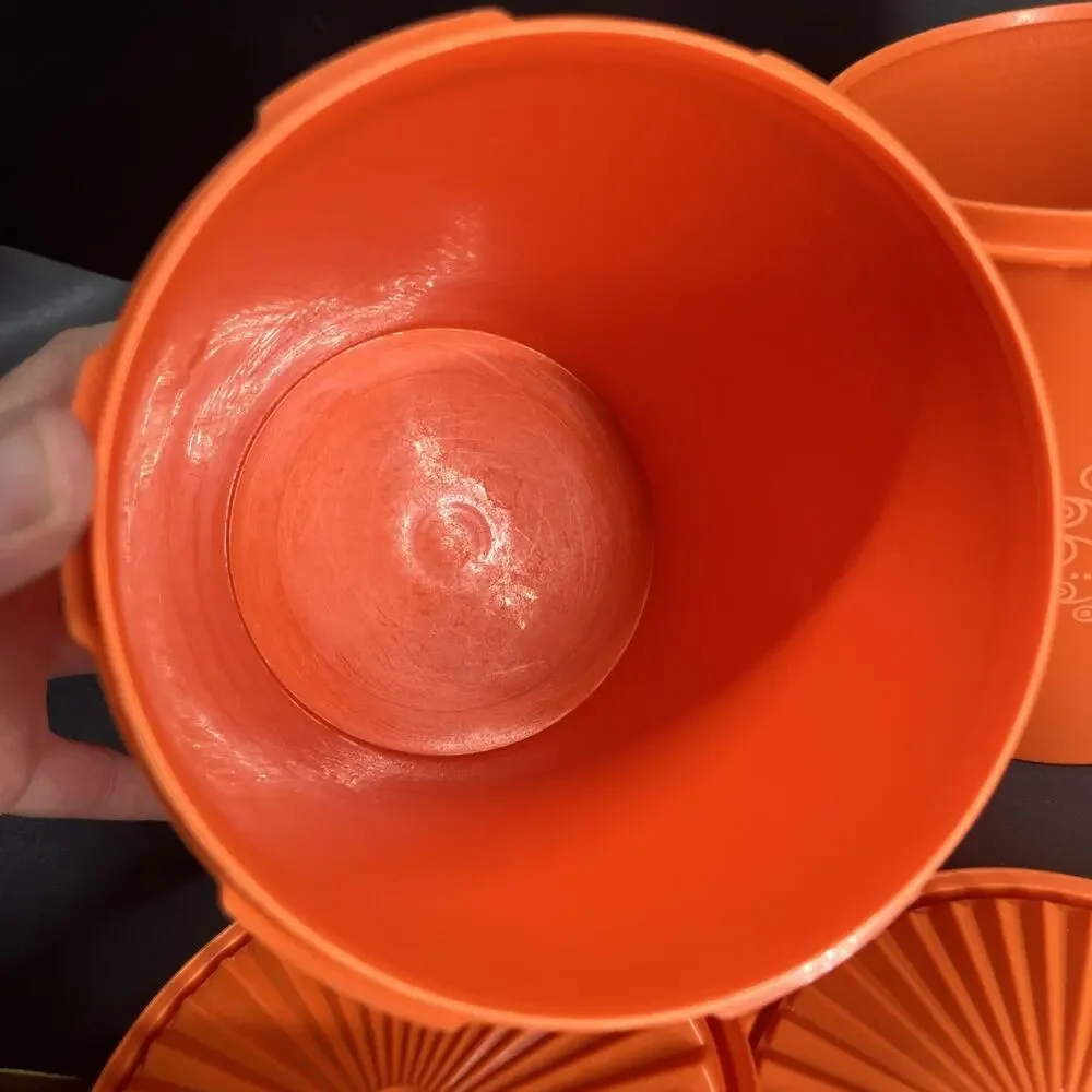 Vtg Harvest Orange Tupperware Servalier Nesting Canisters & Lids 807-7 809-10